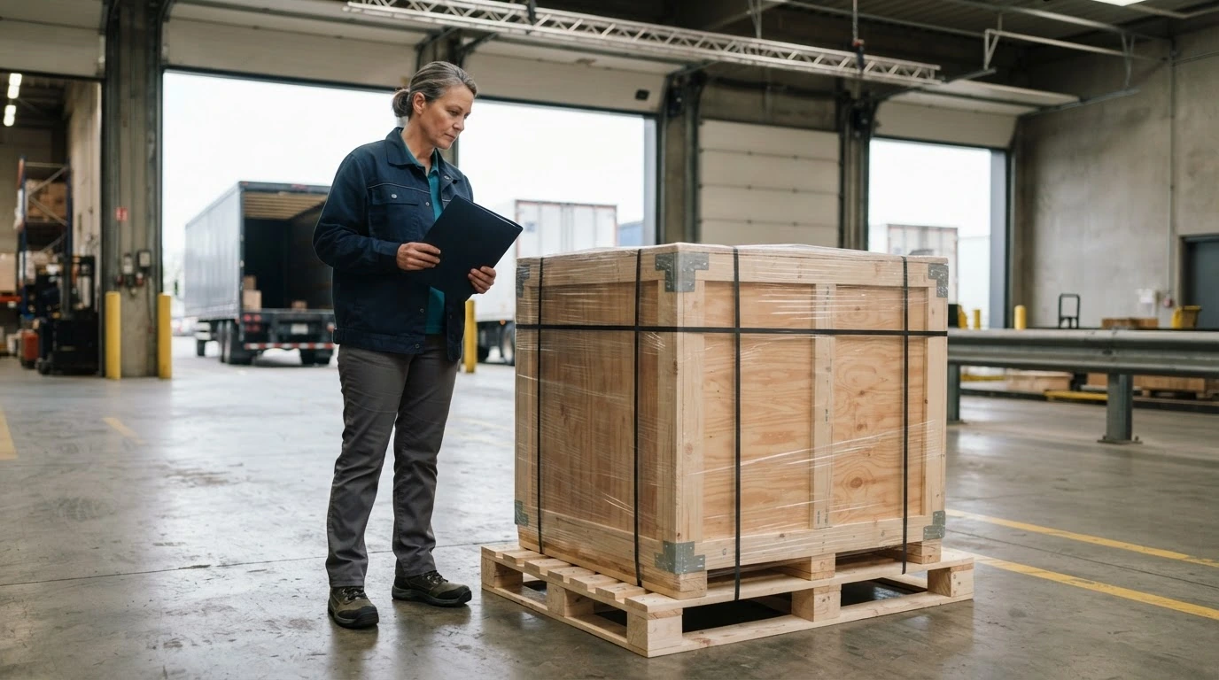 A warehouse shipping manager inspects a secured wooden crate on a pallet before freight pickup.