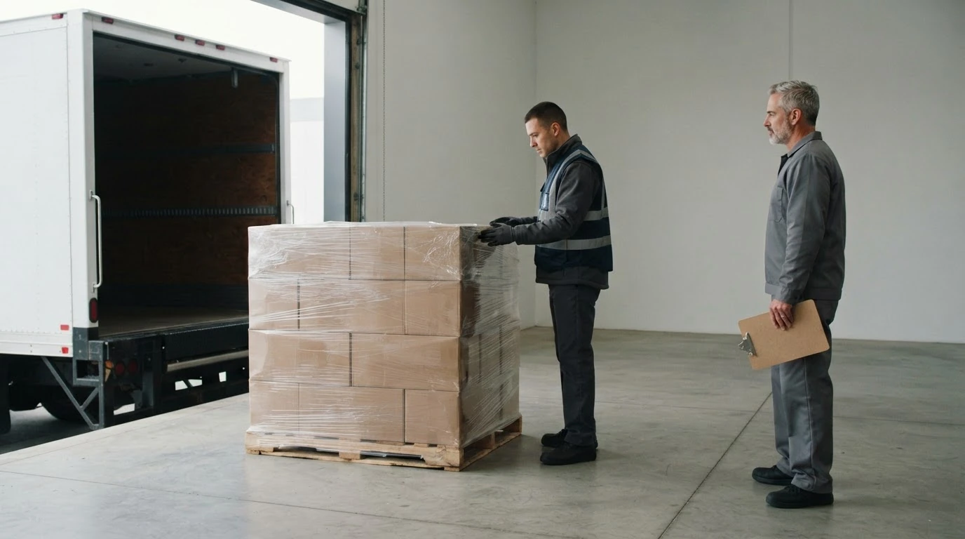 A warehouse receiver inspects one wrapped pallet while a freight driver waits with a clipboard at an unbranded loading dock.