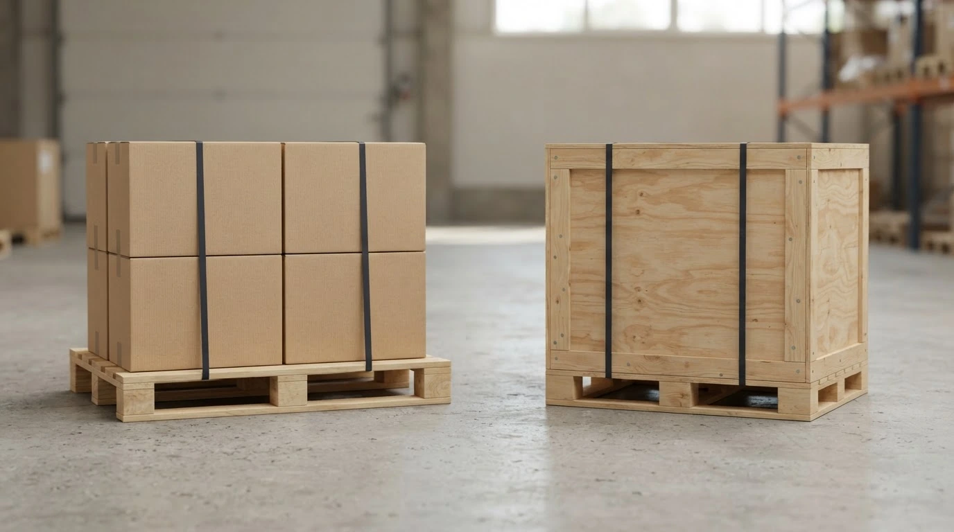 Side-by-side view of a shrink-wrapped pallet and an enclosed wooden crate on a warehouse floor.
