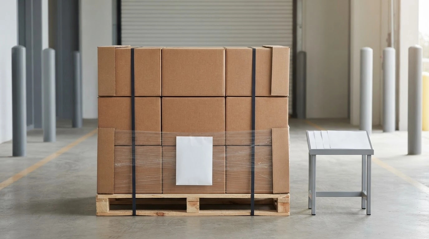 A wrapped LTL pallet beside blank documents in a neutral inspection lane.