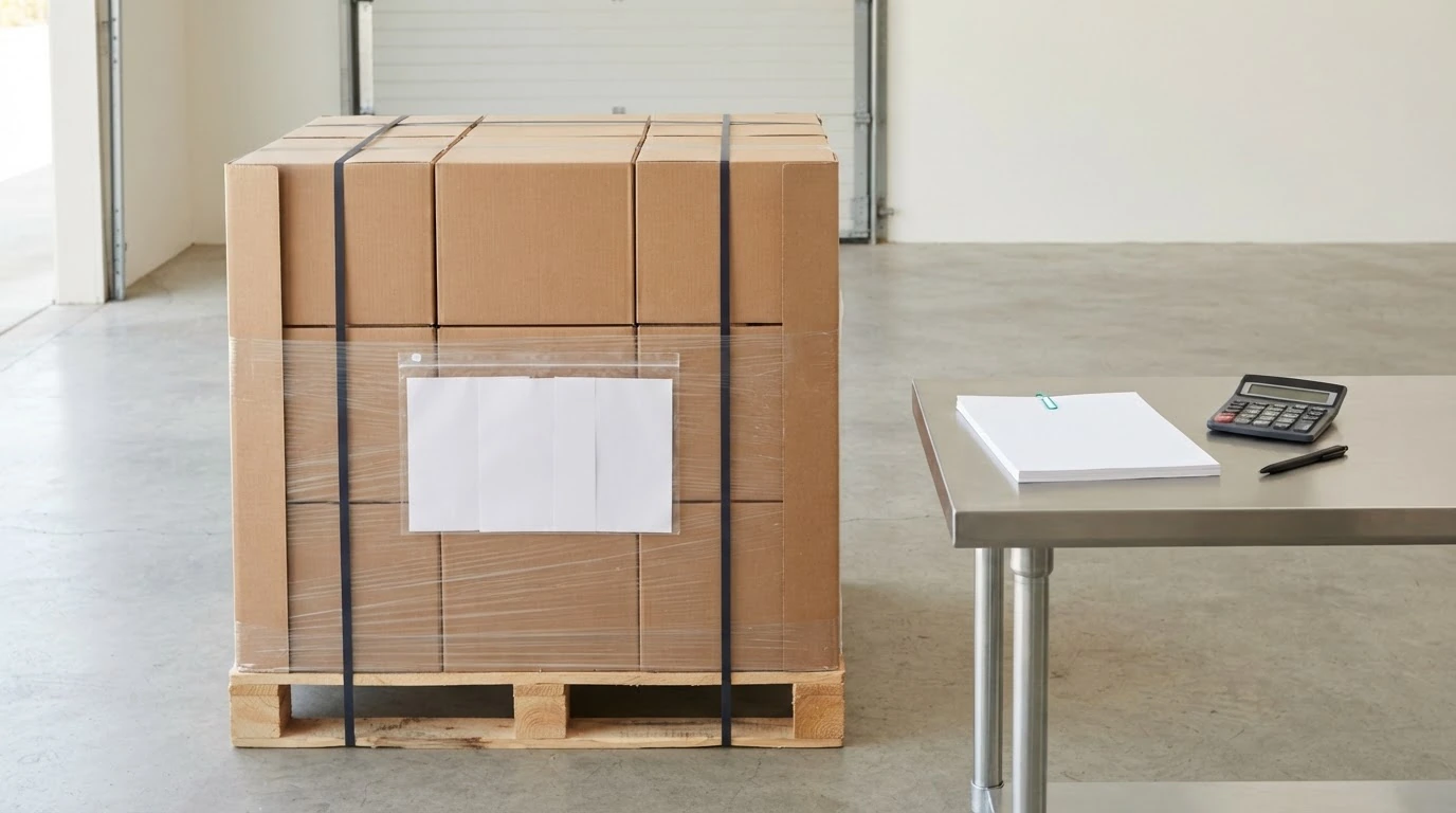 A secured freight pallet beside an organized blank document packet