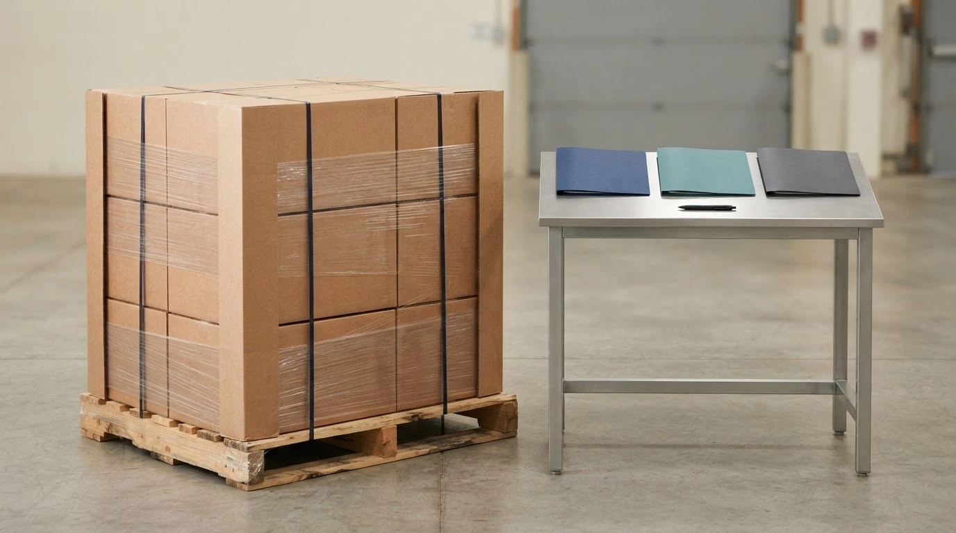A secured freight pallet beside three blank folders arranged for carrier comparison