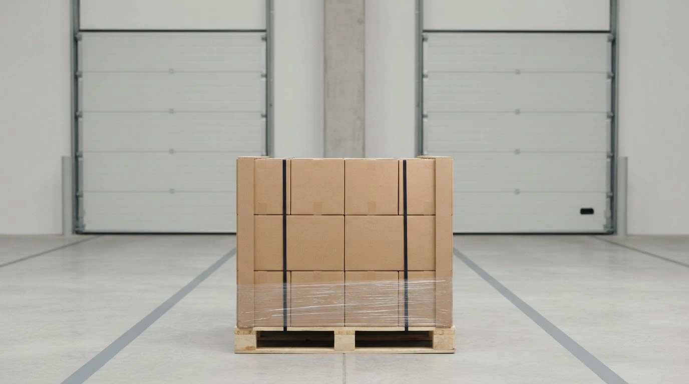 A secured freight pallet centered before two plain empty dock doors