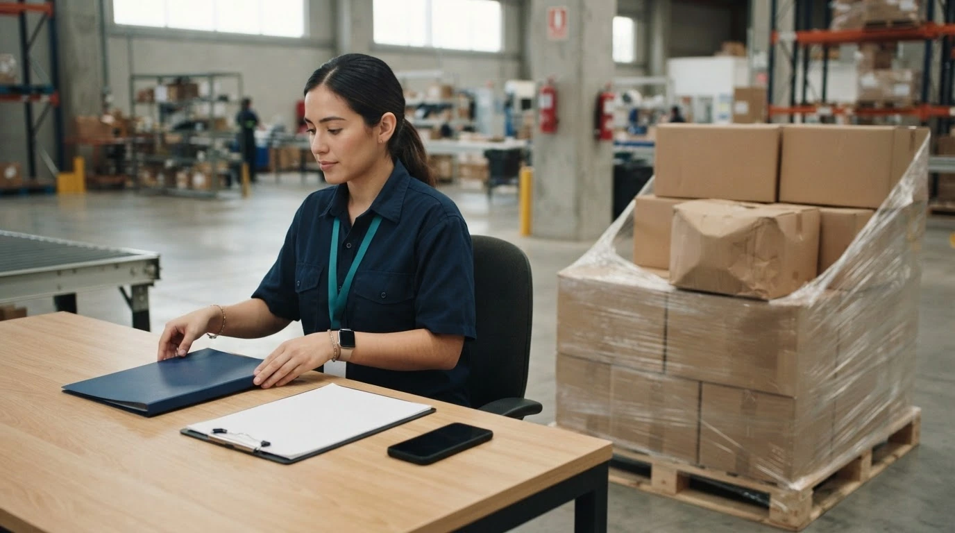 A warehouse claims coordinator organizes an unmarked document folder beside a secured pallet.