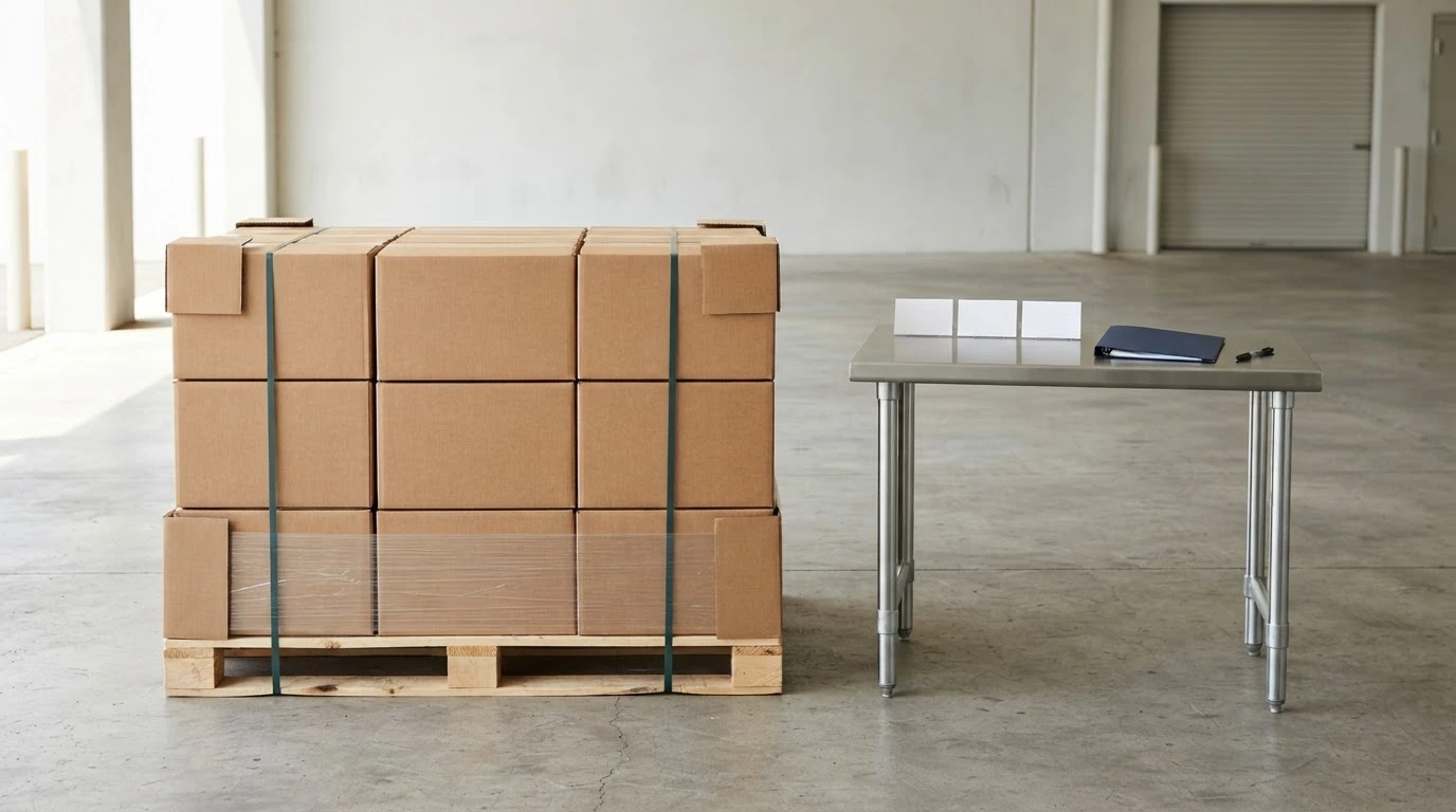 A secured freight pallet beside a blank cost-review workspace in a preparation bay
