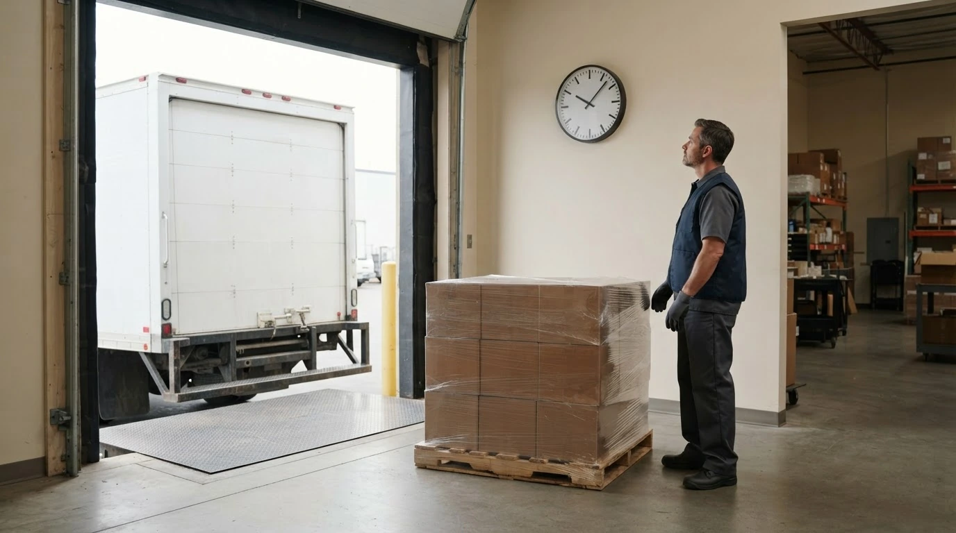 A shipping coordinator checks the time beside one prepared pallet at an unbranded warehouse loading bay.