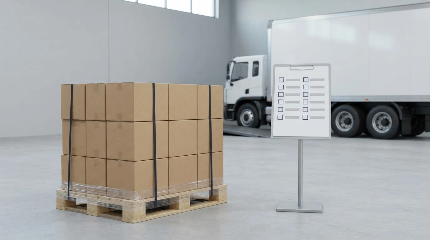 A secured freight pallet beside a blank twelve-item inspection panel and an unbranded truck at a loading dock.
