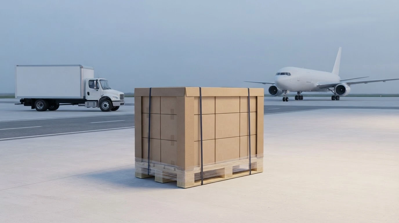 A secured freight pallet positioned between an unbranded straight truck and cargo aircraft.