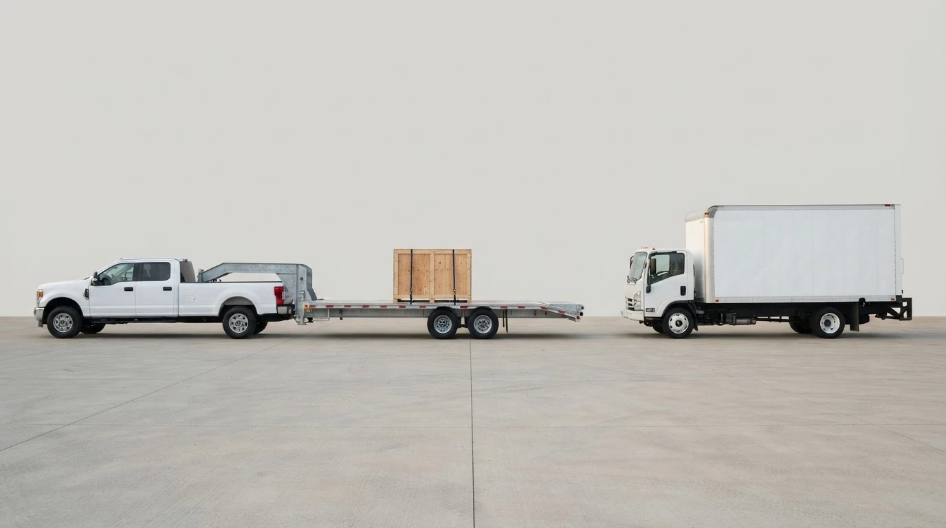 A secured freight crate between an unbranded hot-shot pickup and an expedited straight truck