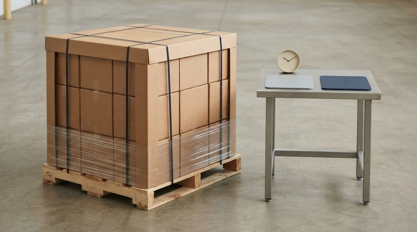 A secured freight pallet beside a blank clock and two unmarked service-choice tiles.