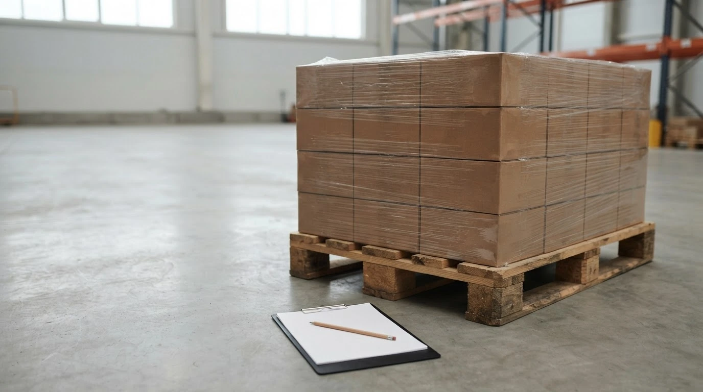 A fully wrapped pallet beside a tape measure and clipboard in a clean freight staging area.