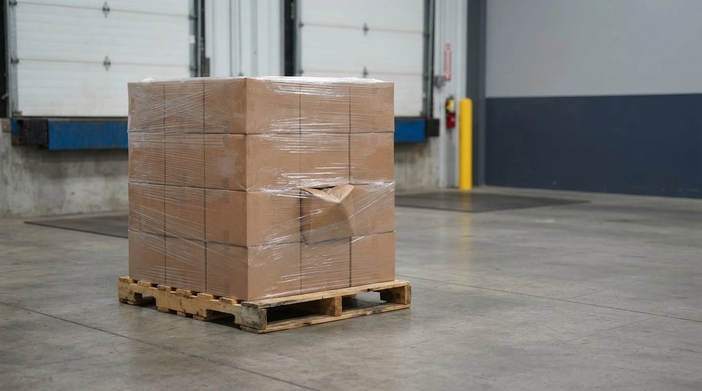 A wrapped freight pallet with a lightly crushed carton corner in a receiving area