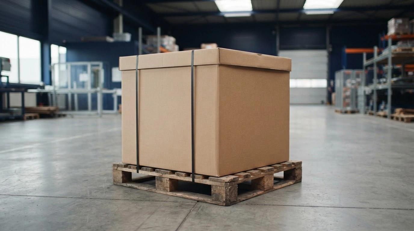 Large strapped cardboard carton secured to a wooden pallet in a warehouse