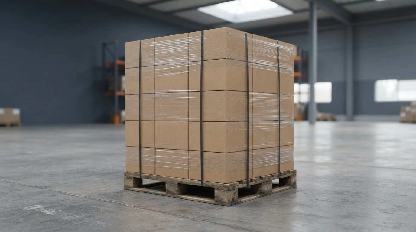 Tall stack of wrapped and banded cartons secured to a wooden pallet in a warehouse