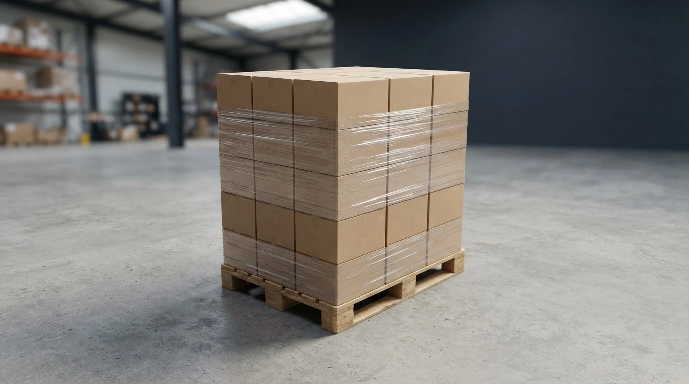 A packed pallet sits on a warehouse scale next to a tape measure, illustrating the inputs needed to estimate LTL freight class.