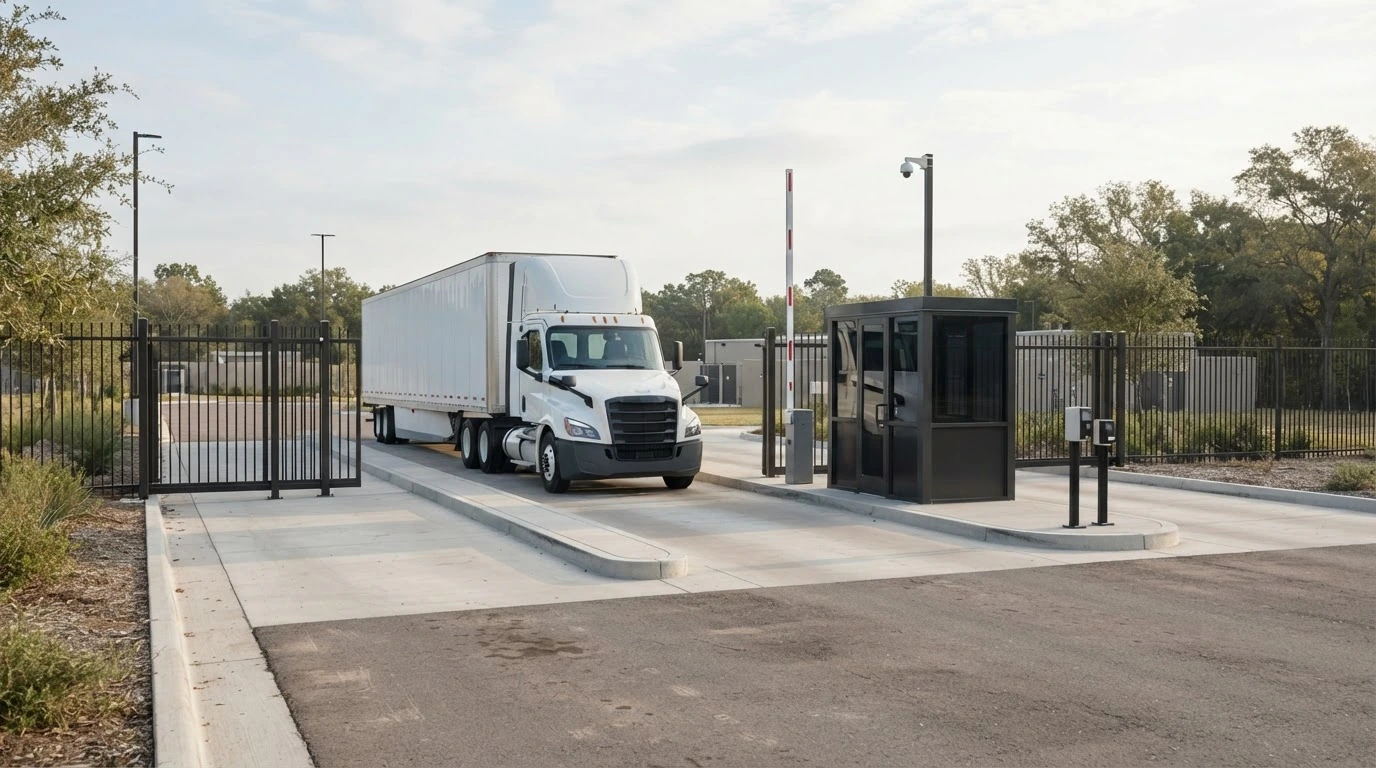 An unbranded white freight truck waits at an empty controlled-access entrance to a secured government facility.