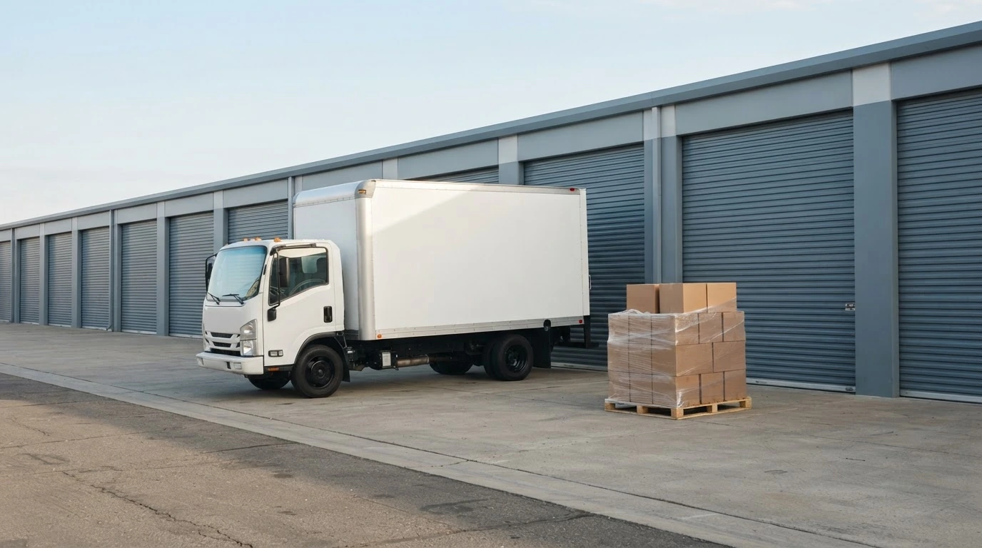 A wrapped freight pallet beside an unbranded box truck at a self-storage facility with no loading dock