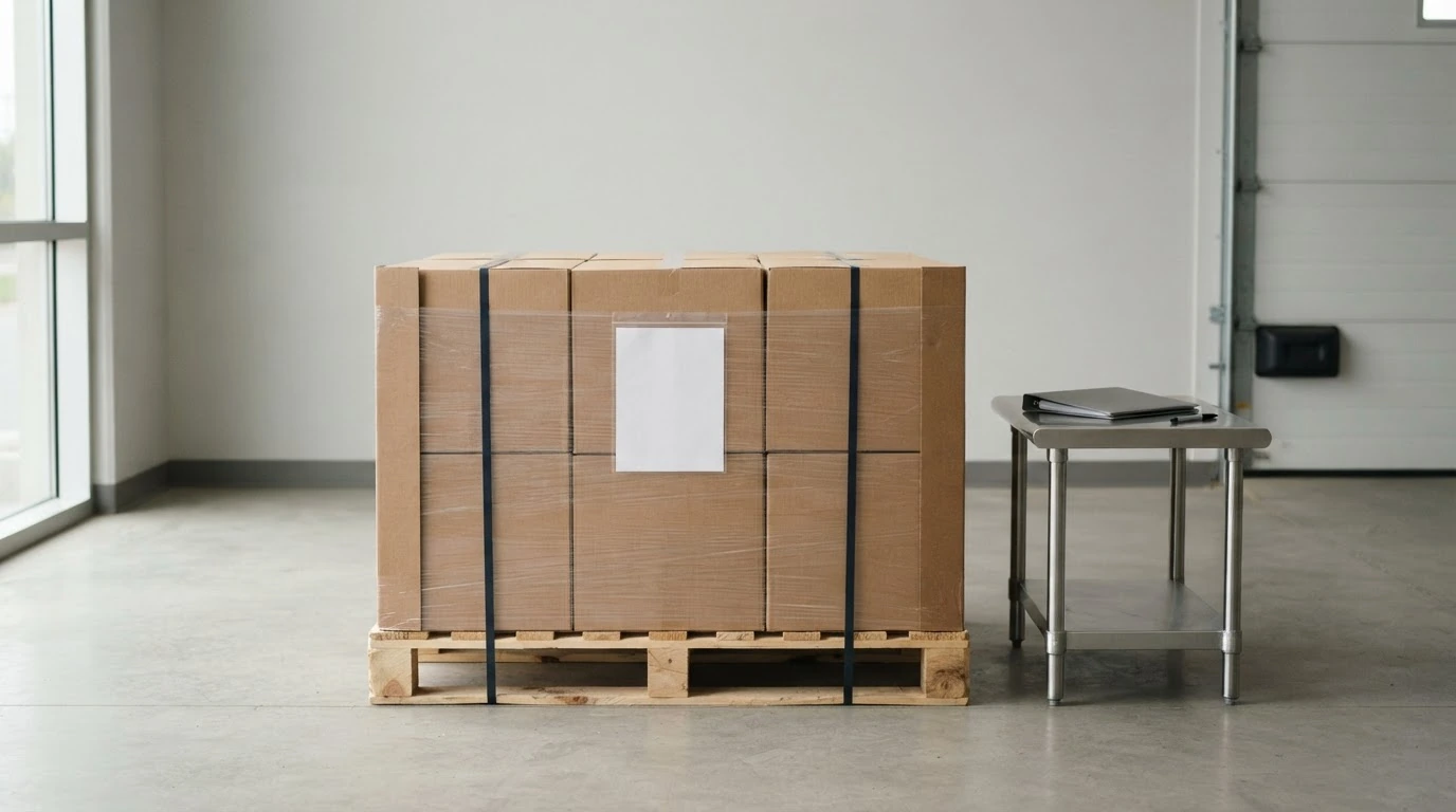 A secured pallet with a blank document pouch beside a closed document folio in a freight handoff area.