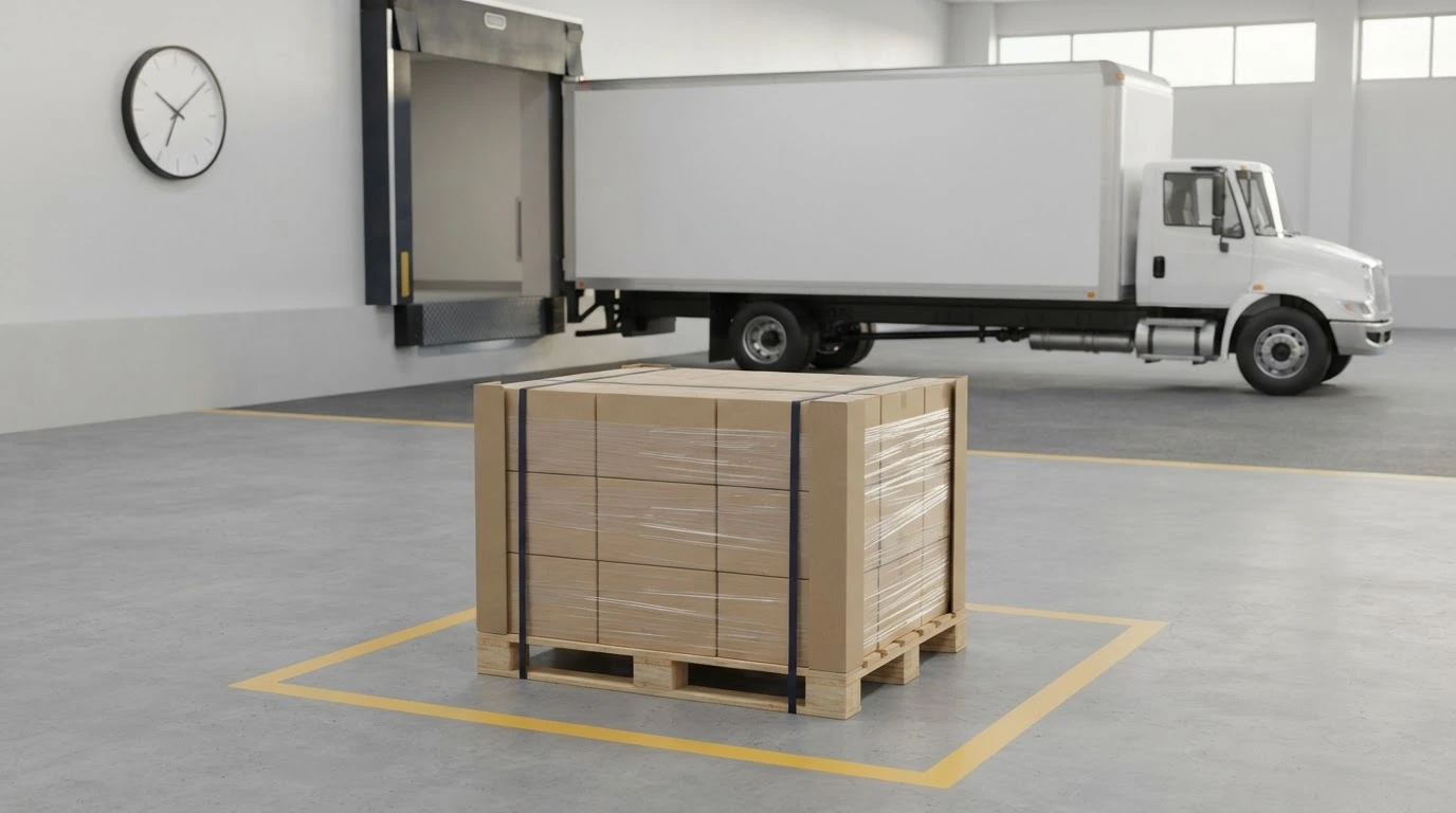 A secured freight pallet staged by an unbranded truck beneath a warehouse clock.