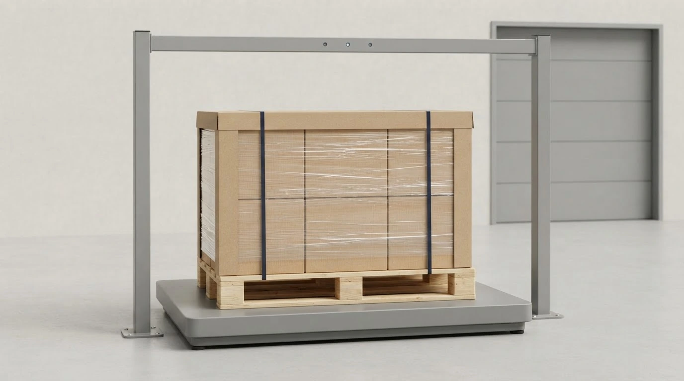 A securely wrapped LTL pallet positioned on a floor scale beneath a warehouse dimensioning frame.