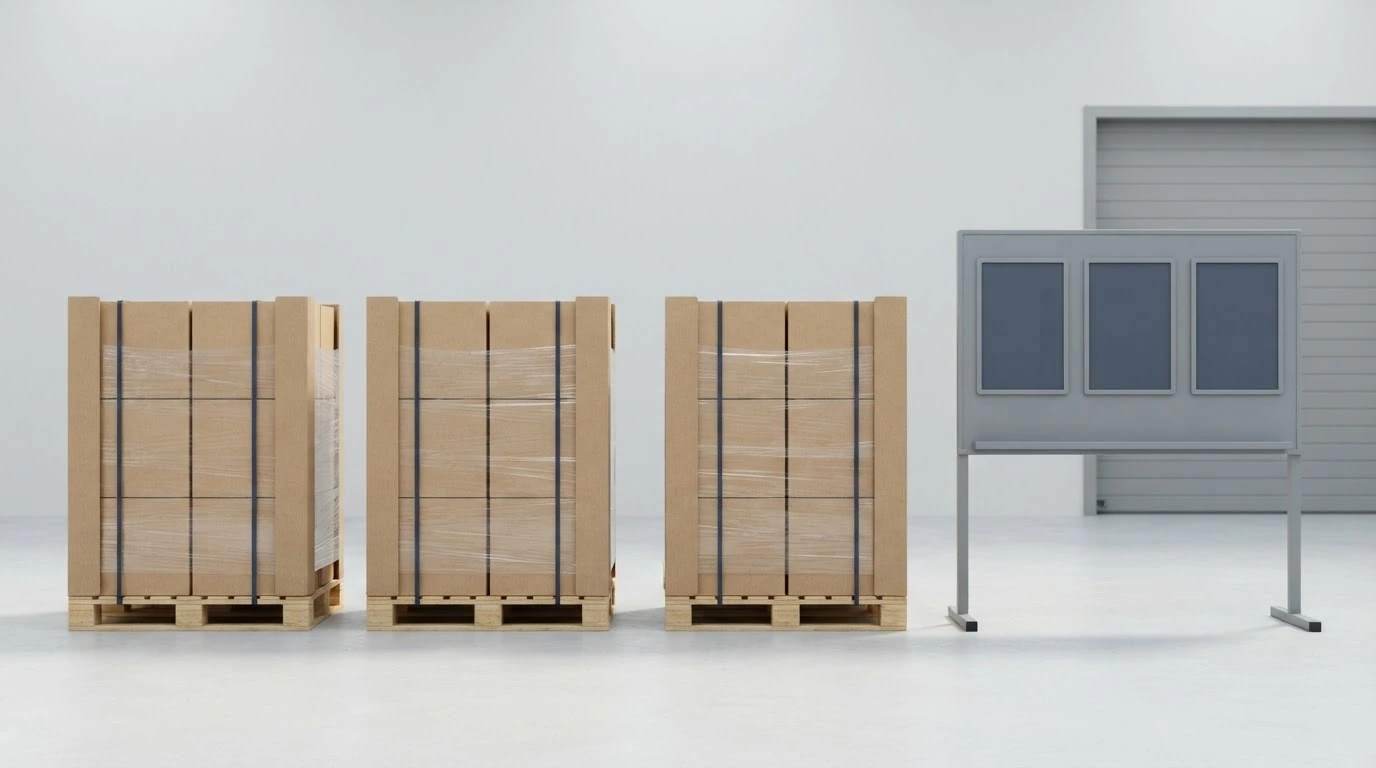 Three secured pallet loads arranged beside a blank warehouse comparison board for a freight-rate review.
