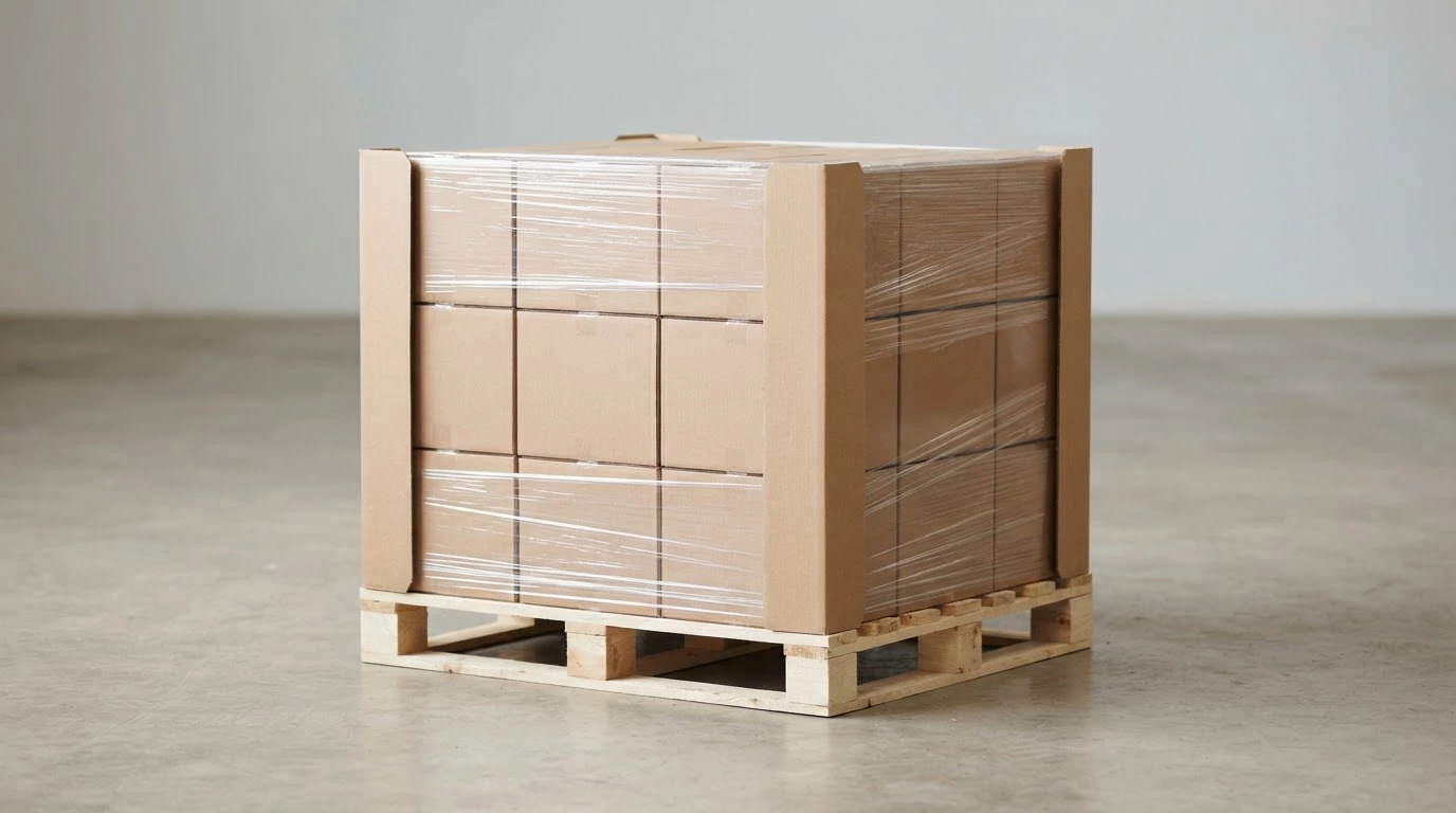 Four paper corner boards running the full height of a boxed pallet load