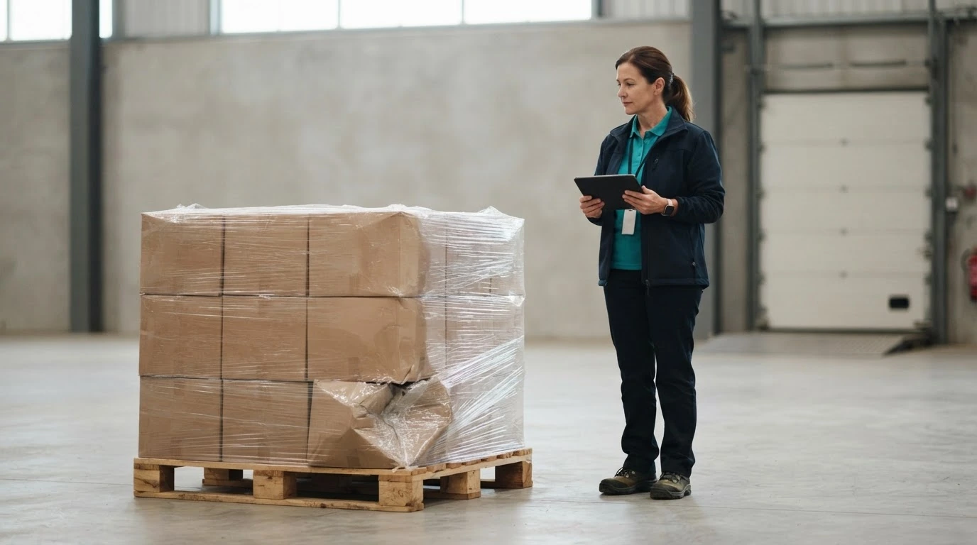 A freight claims specialist inspects a modestly damaged carton on a wrapped pallet in a receiving bay.
