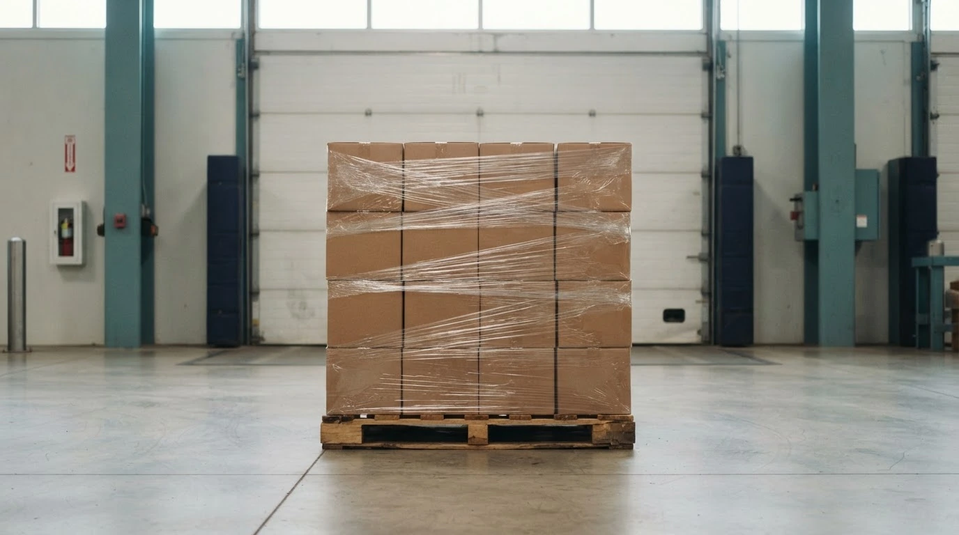 A secured pallet at a clean freight terminal with an unmarked wall clock suggesting transit planning.