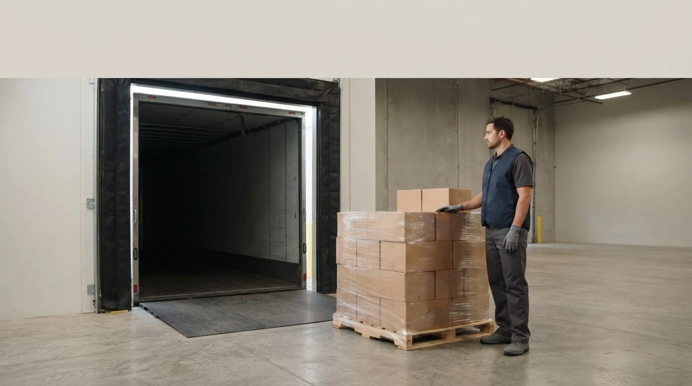 A prepared warehouse receiver stands beside one wrapped pallet as an unbranded LTL truck arrives at the dock.