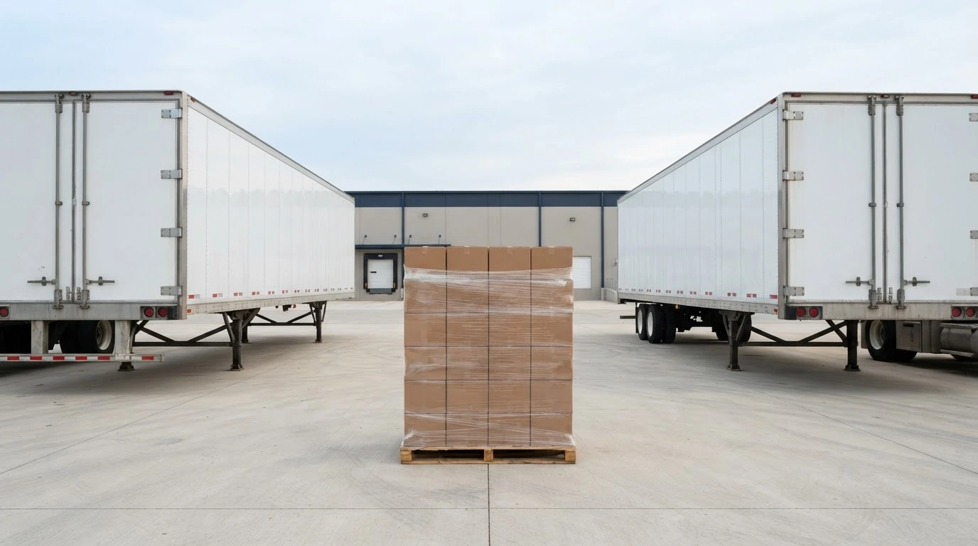 A secured pallet staged between two unmarked freight trailers in a clean commercial yard.