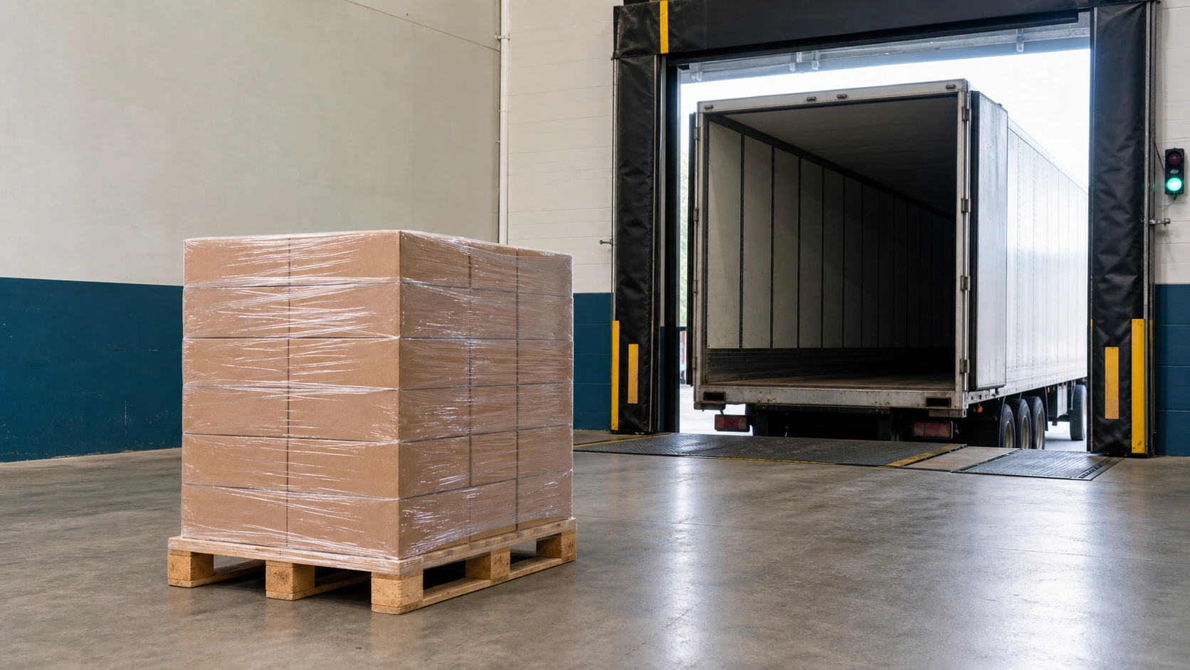 A stretch-wrapped pallet staged at an LTL freight terminal dock in front of an open trailer.