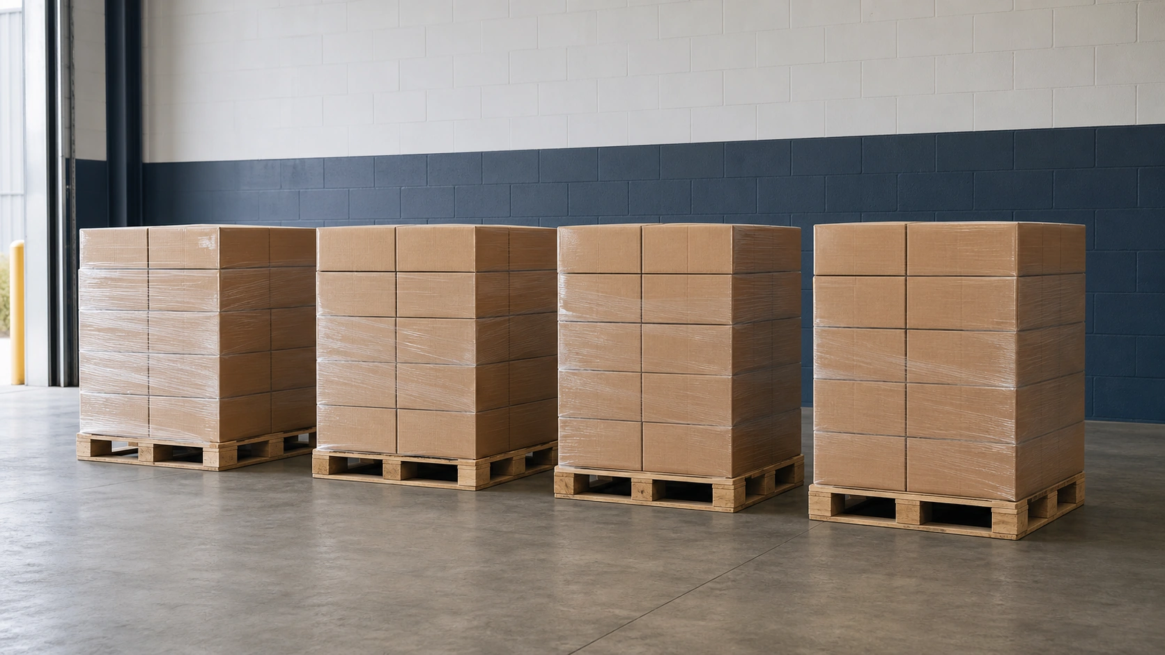 Several pallets staged at a loading dock ready for an LTL freight pickup
