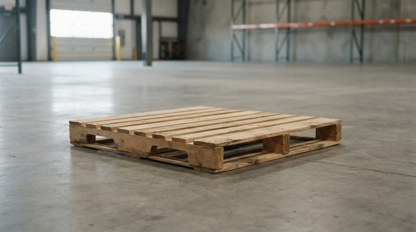 A standard 48x40 GMA wooden stringer pallet on a warehouse floor next to a scale.