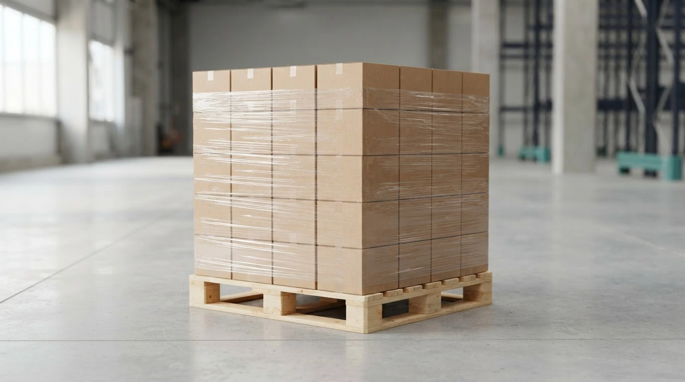 A loaded pallet being measured to confirm dimensions and total weight for an LTL freight quote.