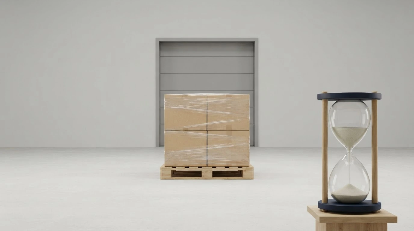 A securely wrapped pallet staged before a closed warehouse door beside a freestanding hourglass.