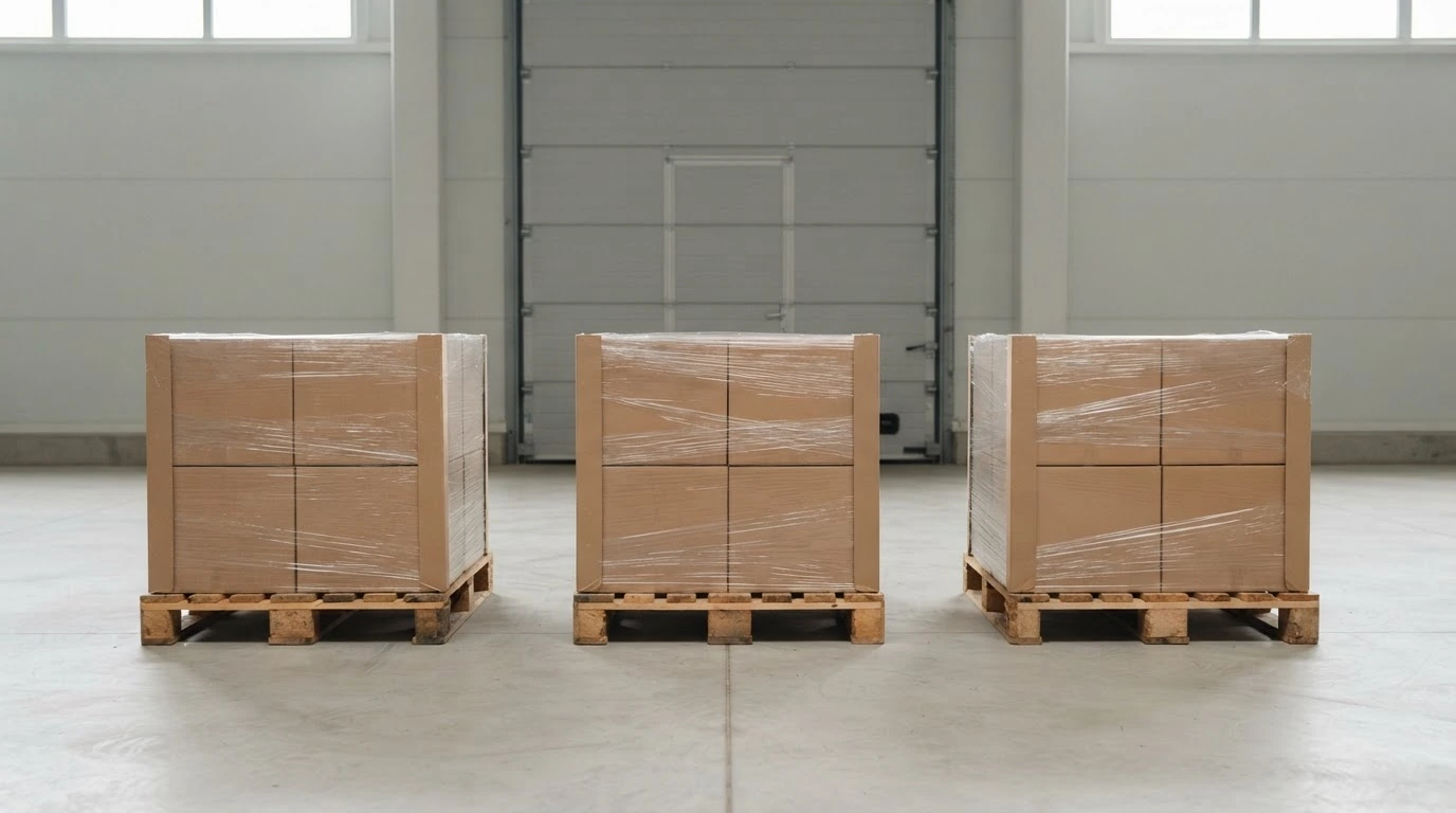 Three securely wrapped pallet loads grouped in a warehouse consolidation staging area.