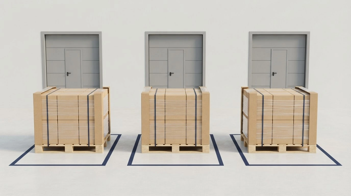 Three identical secured pallet loads arranged in separate warehouse staging bays for a recurring-lane review.
