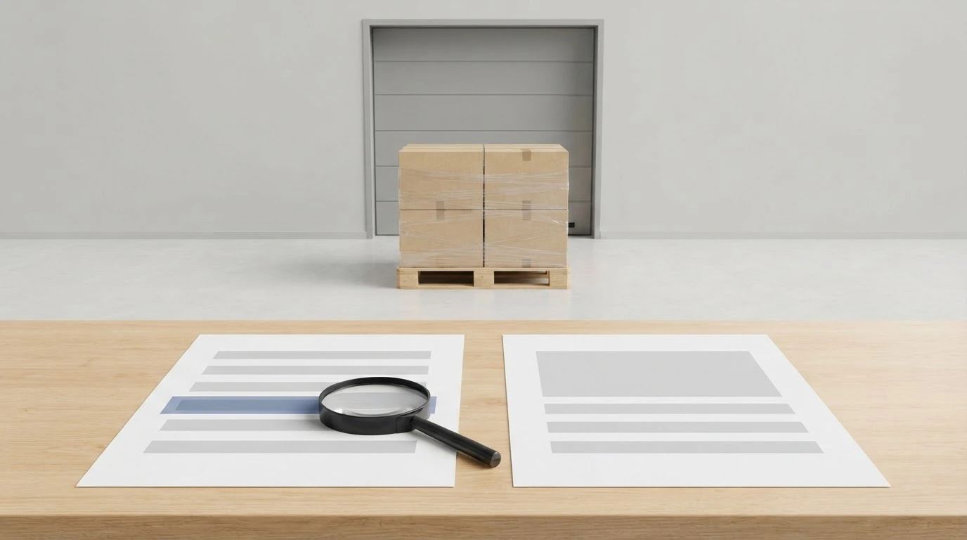 Two abstract freight documents and a magnifying glass on a warehouse worktable with one palletized load behind them.