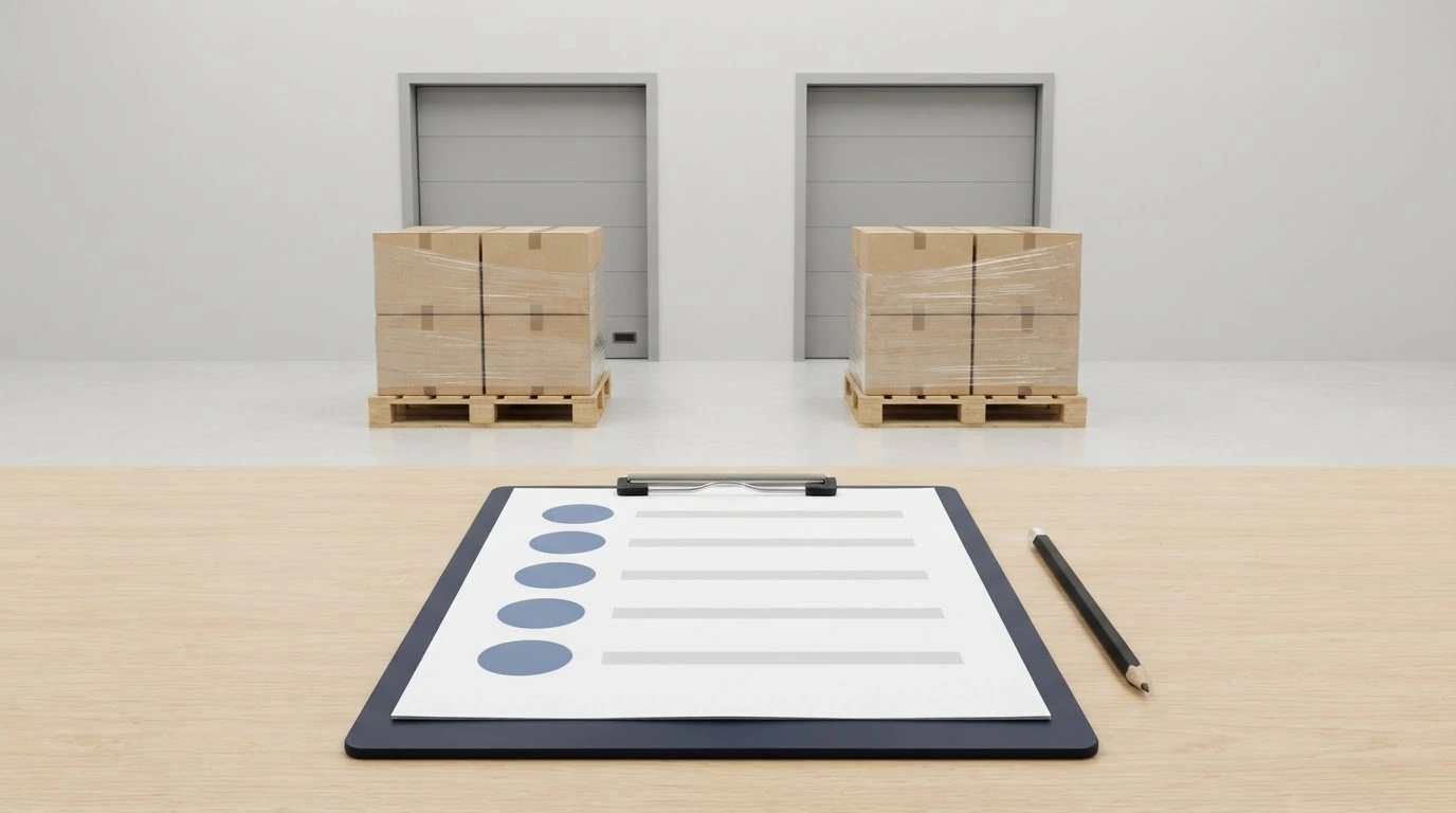 A blank five-row carrier scorecard on a warehouse worktable with two palletized loads behind it.