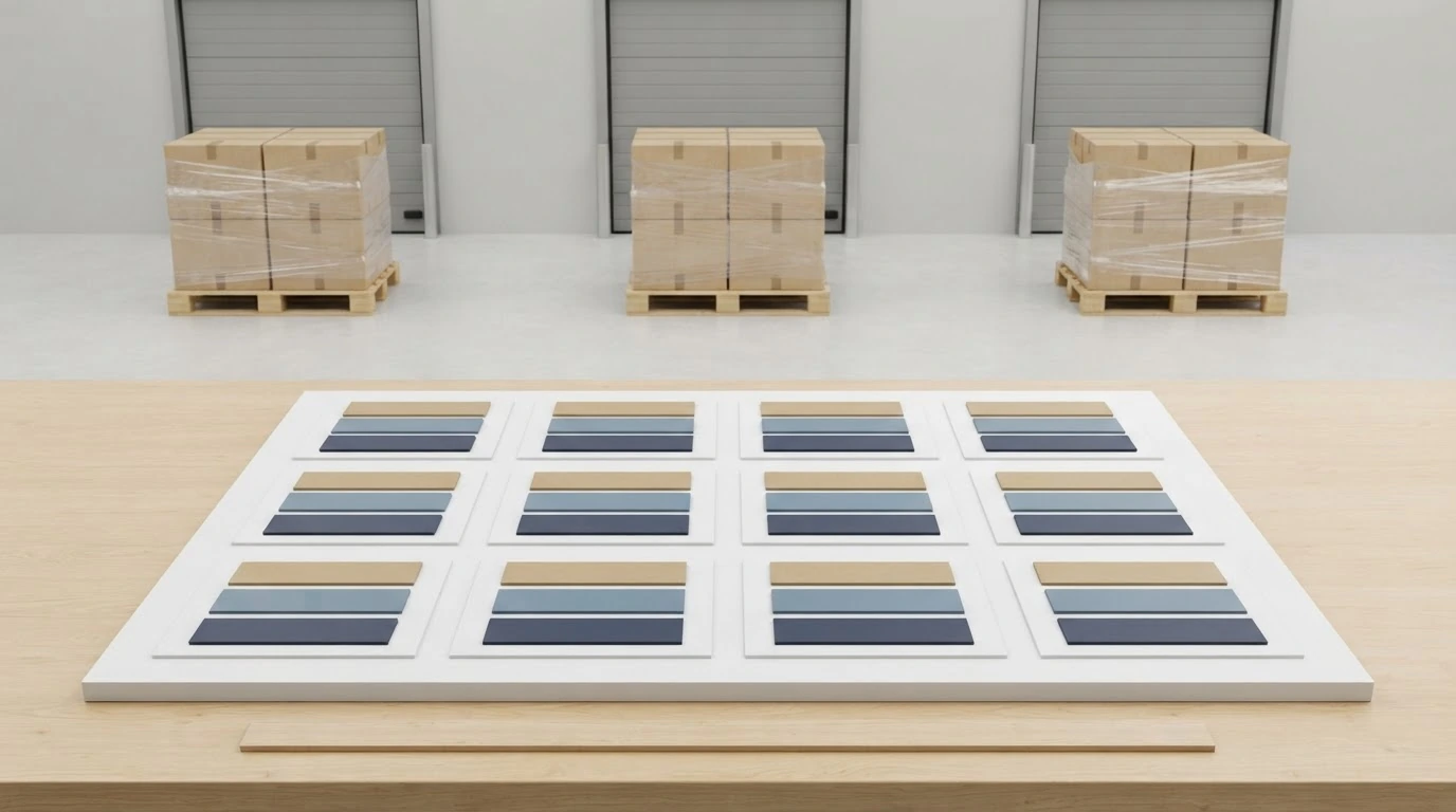 A text-free twelve-period freight budget sheet on a warehouse worktable with three palletized loads behind it.