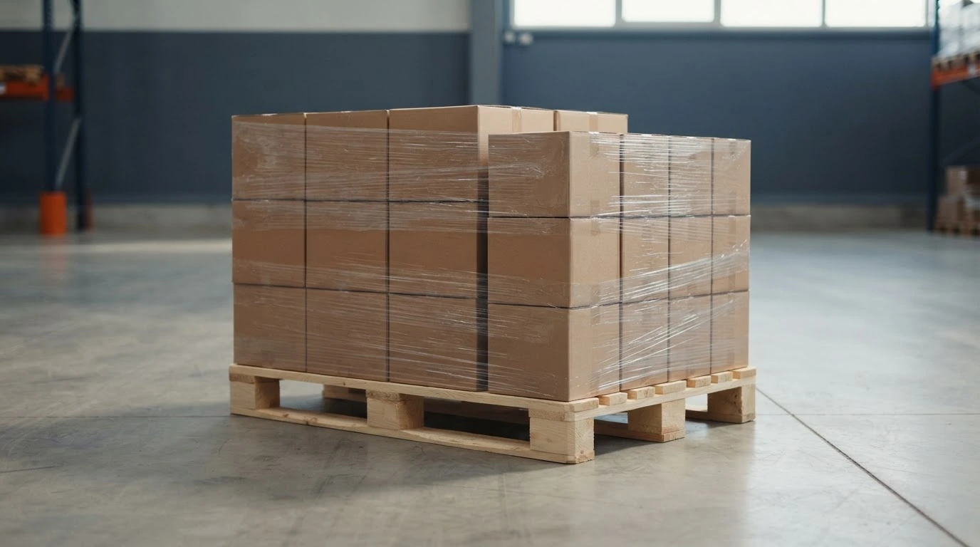 One stable mixed pallet with two groups of different-size blank cartons in a freight terminal.