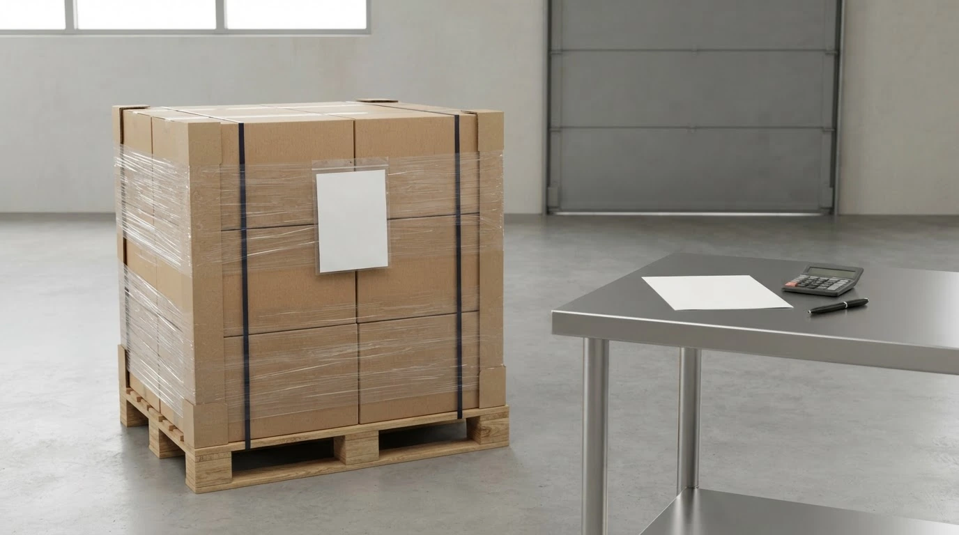 A prepared freight pallet beside a blank commercial-invoice document pouch