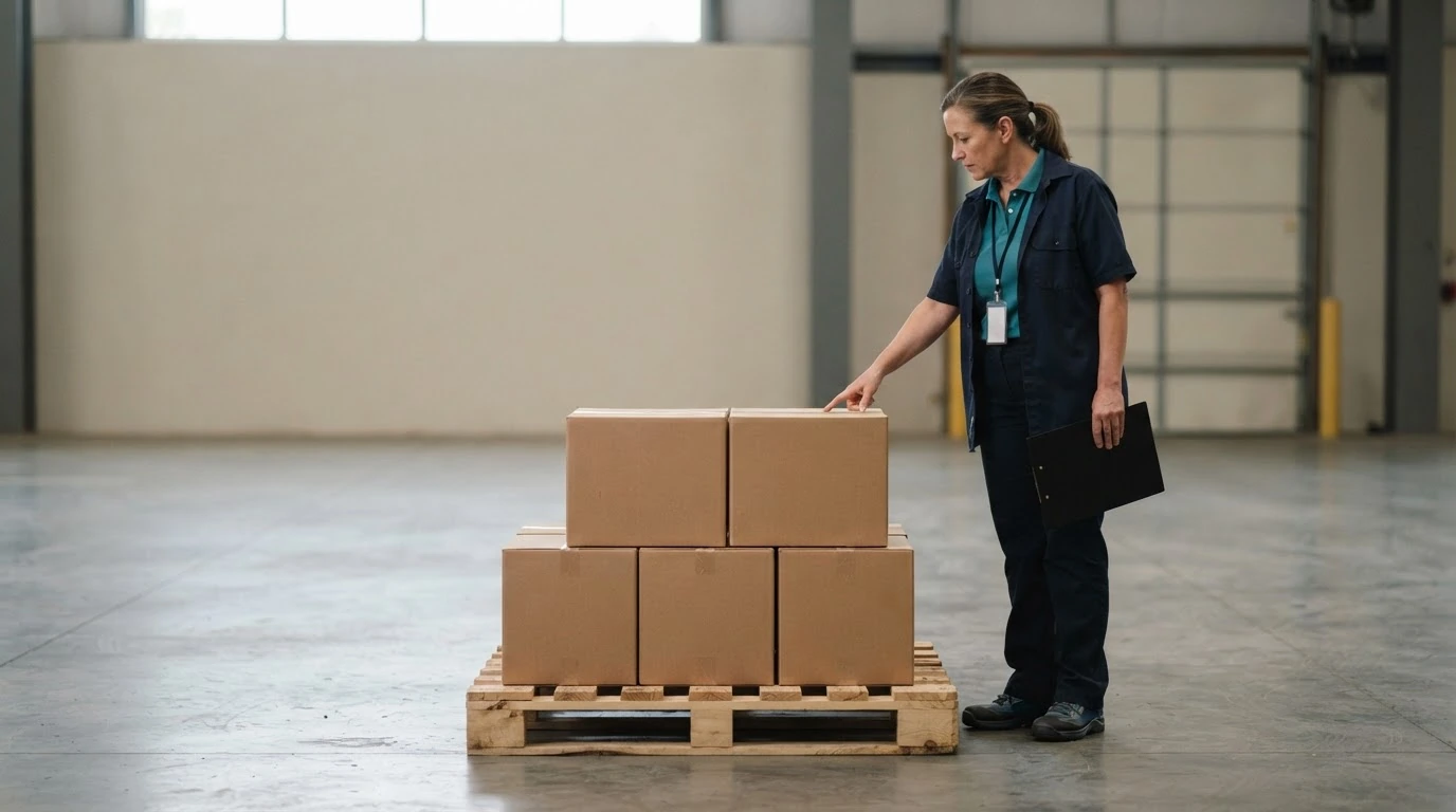 A receiving clerk counts plain cartons on a pallet before completing the freight delivery record.