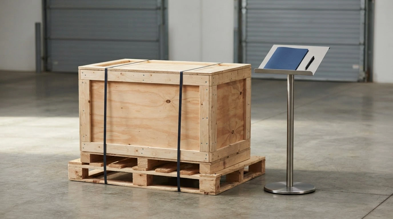 A secured wooden freight crate and blank document folder staged for a cross-border return