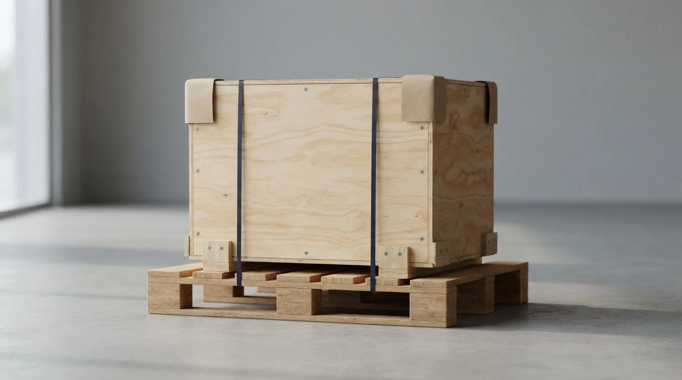 Stacked pallet of fragile freight wrapped in stretch film with handling instructions visible on the cartons