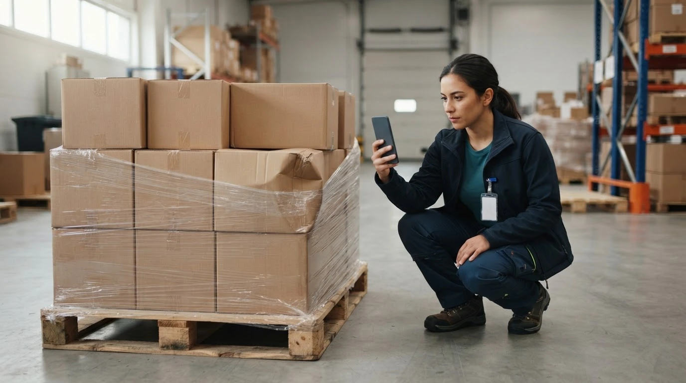 A warehouse receiver photographs a modestly damaged carton on a pallet in a receiving bay.