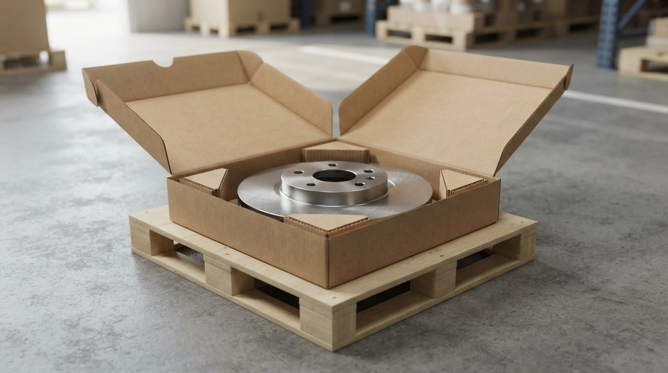 Pallet of boxed auto parts labeled with part numbers and an NMFC item code, prepared for LTL freight shipment.