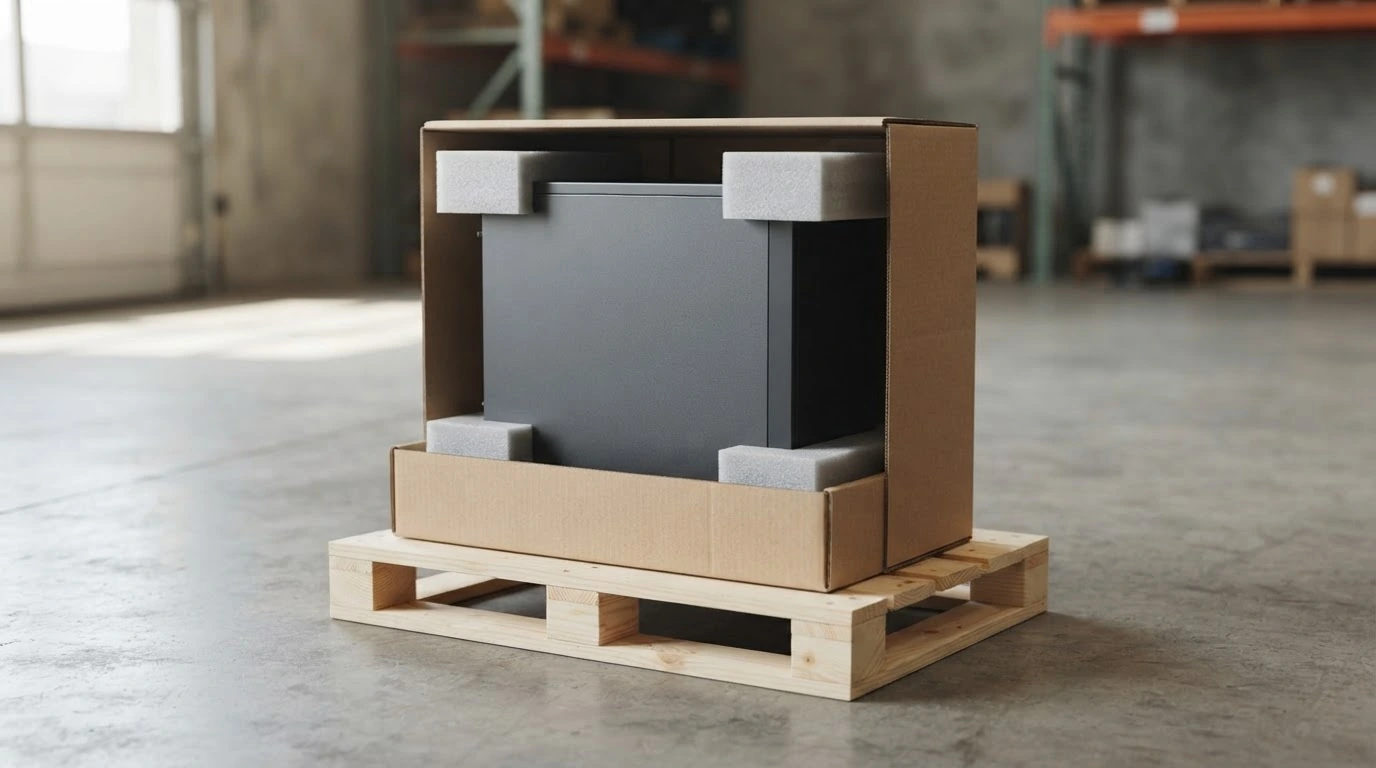 Pallet of packaged electronic equipment prepared for LTL freight classification with tape measure, dimensions, and NMFC reference