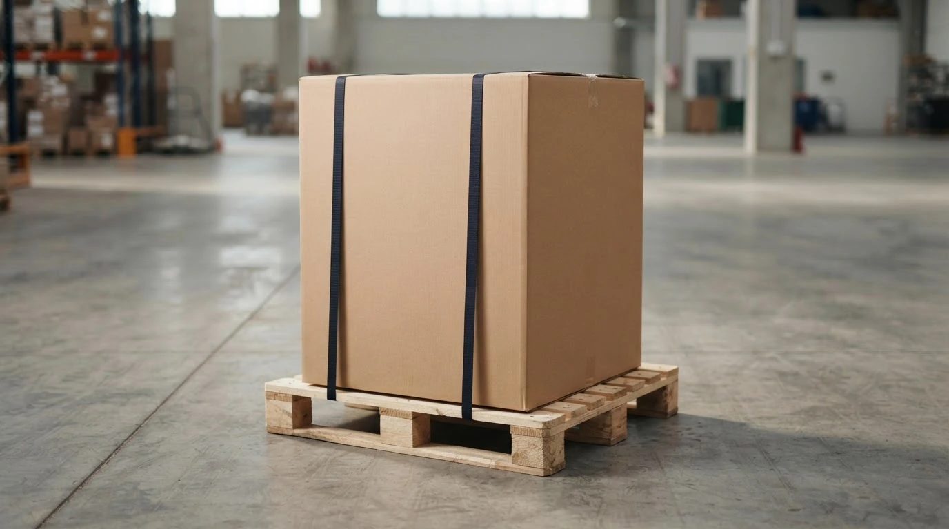 A packaged piece of furniture on a pallet being measured and weighed for LTL freight classification