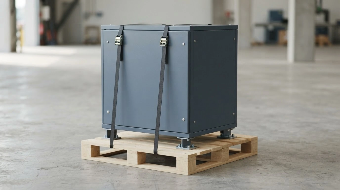 Packaged industrial machinery on pallets being measured with a tape measure before LTL freight classification.
